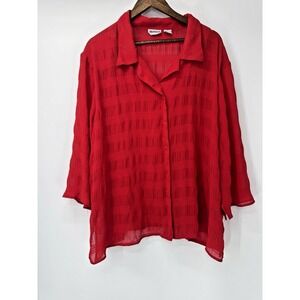 Apparenza 3X red sheer shoulder pads 3/4 sleeve button down top Cover up blouse